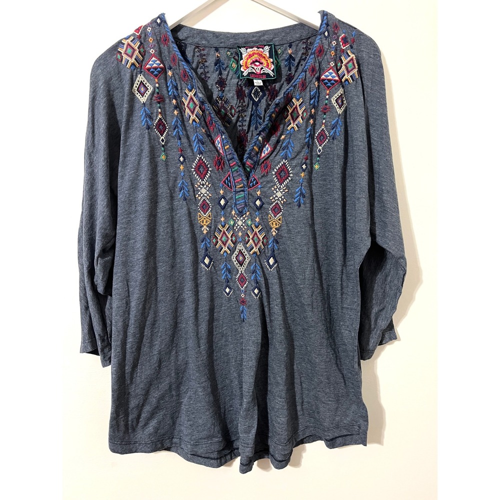 JOHNNY WAS Top Womens Large Blue Embroidered V-Neck Sleeve Boho Chic J18720-7